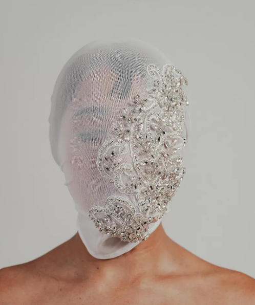 Sheer White Mesh Crystal-Embellished Full-Face Mask 118