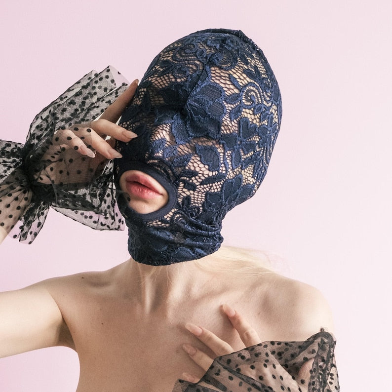 Handmade blue full-face mask with only the mouth showing 72