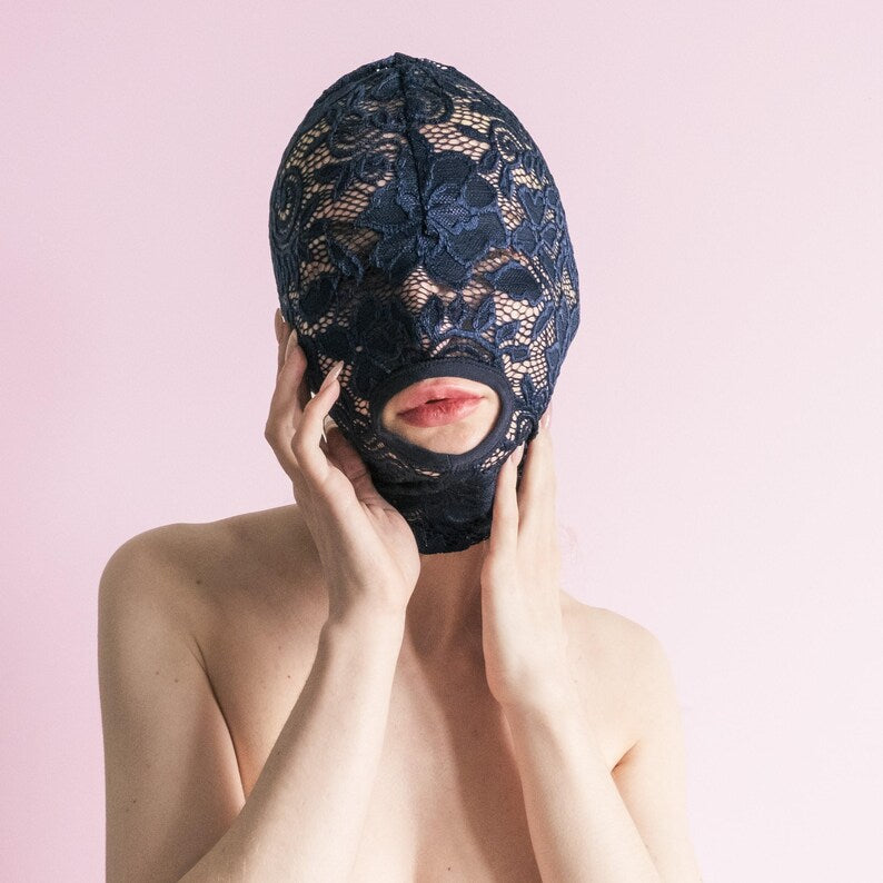 Handmade blue full-face mask with only the mouth showing 72