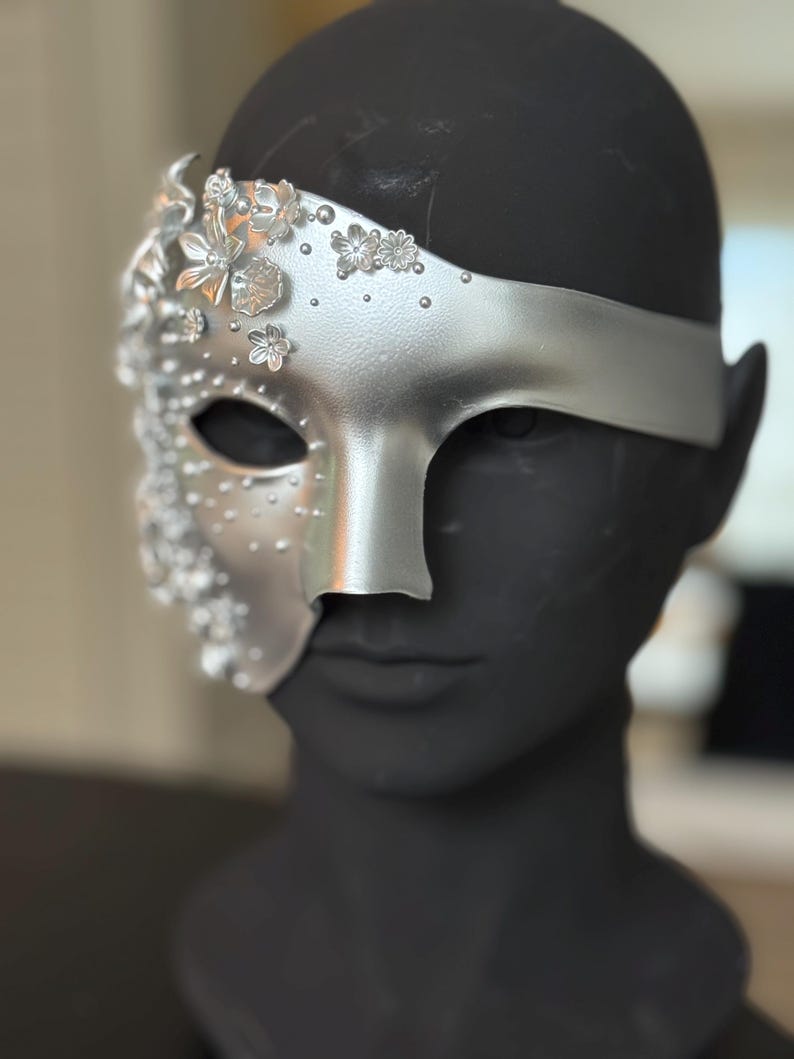 Silver Masquerade Mask: Couture Floral Pearl Fantasy Costume 142