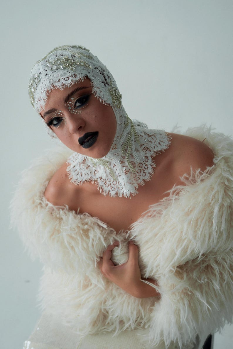 Lace & Pearl Beaded Headpiece: Avant Garde Couture Head Wrap 141